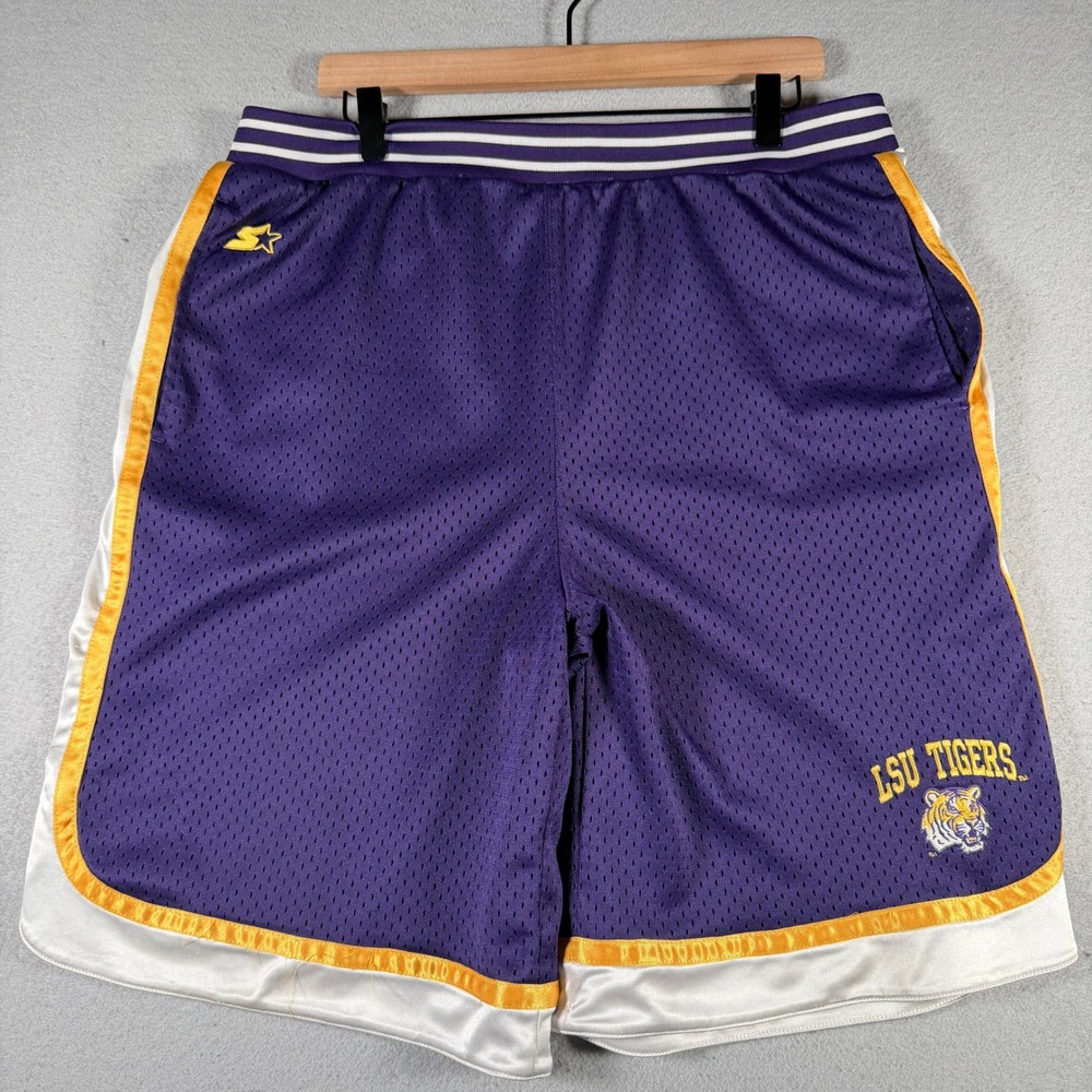 Starter LSU Tigers Mens Basketball Shorts Purple Mesh Satin Trim Large 36-38